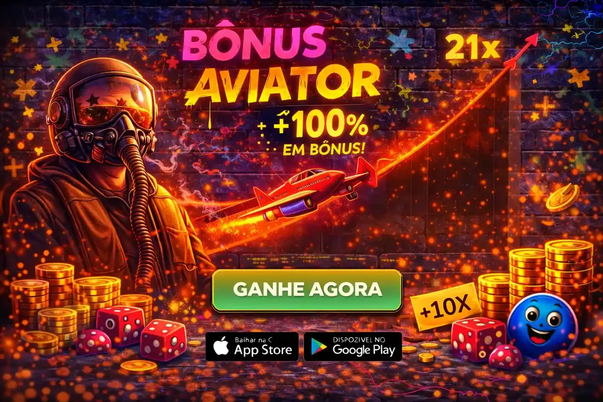 Banner do jogo Aviator com piloto e bonus de cem por cento com multiplicador vinte e um vezes