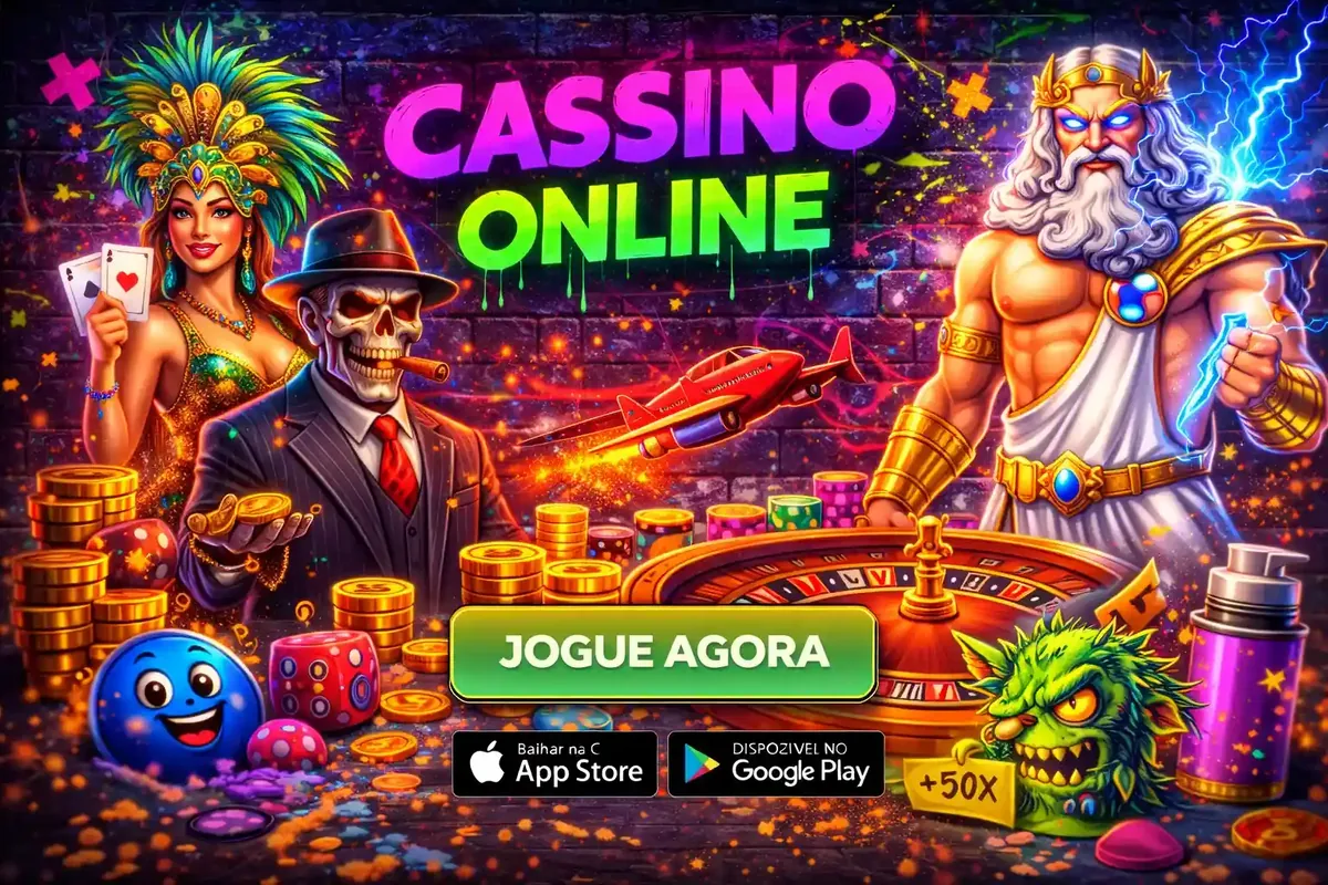 Banner colorido de cassino online com personagens tematicos fichas de poker roleta e bonus de cinquenta vezes
